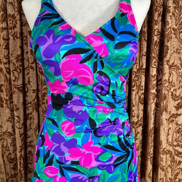 Vintage Ruched Boyshort Swimsuit Bright Floral Print Maxine of Hollywood Size 12 - Picture 1 of 12